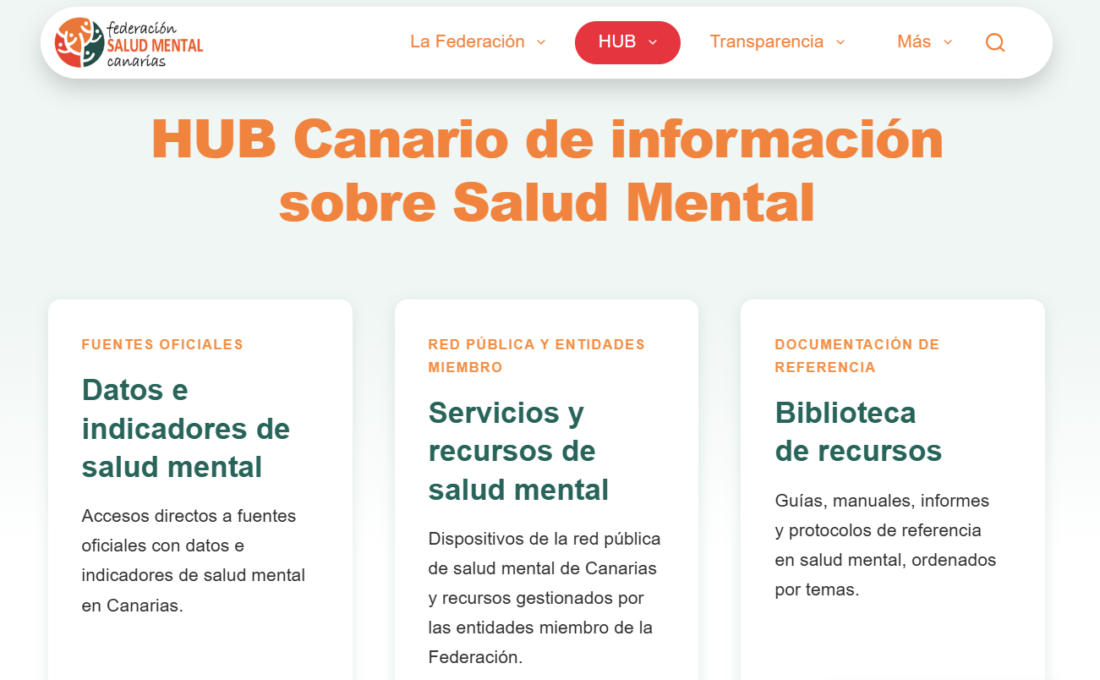 Portada del HUB Canario de Información sobre Salud Mental con secciones de datos, recursos y documentación